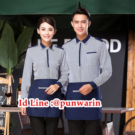 เสื้อพนักงานต้อนรับพนักงานเสริฟเสื้อพนักงานโรงแรมนรีสอร์ทเสื้อเชิ้ตลายทางแขนยาว F6109008 ฟ้า แดง L-3XL