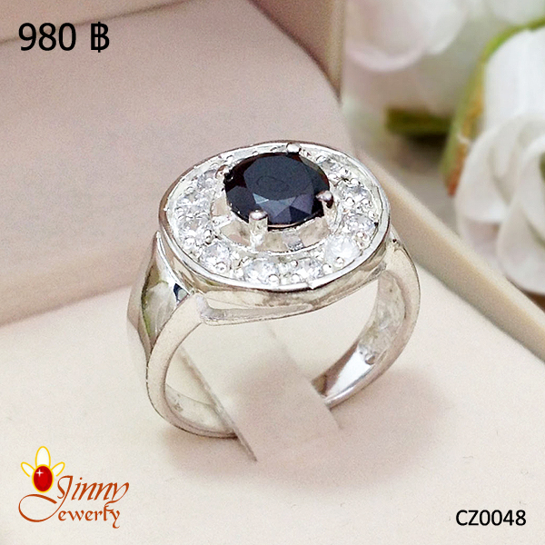 แหวนเงินแท้ 92.5% ประดับพลอยสีนิล เพชร cz รอบวง