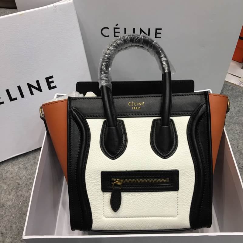 กระเป่า celi nano luggage tote bag tricolor 8 นิ้ว สีขาวดำน้ำตาล พร้อมสายยาว พร้อมกล่อง