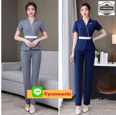 ชุดพนักงานนวดสปา ชุดพนักงานเสริมสวย ชุดทำงาน ชุดสูท SKU-01419 เทา น้ำเงิน S-3XL