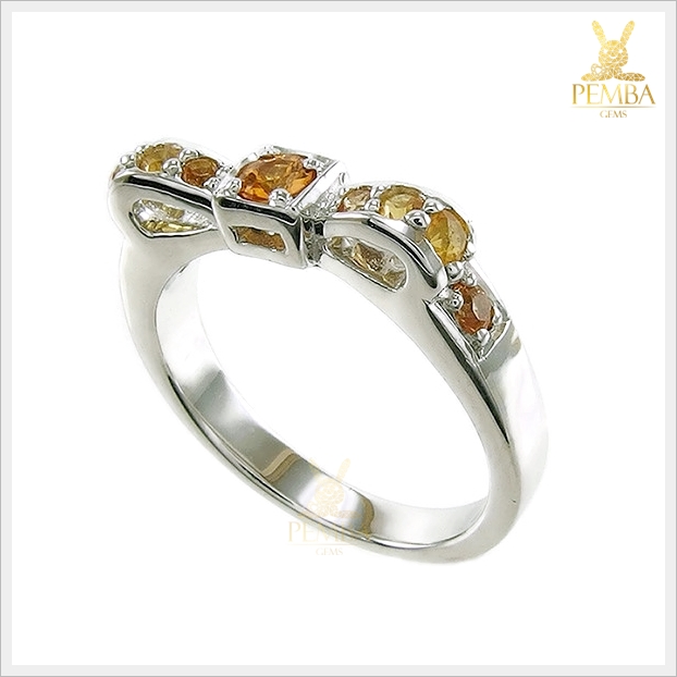 แหวนบุษราคัมแท้ เงินแท้ ชุบทองคำขาว ดีไซน์รูปโบว์สวยเก๋ แหวนพลอยแท้