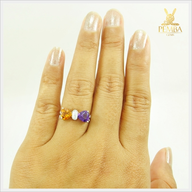 แหวนอเมทิสต์ ซิทริน ทรงหัวใจ สวยเก๋สะดุดตา เงินแท้ แหวนพลอยแท้