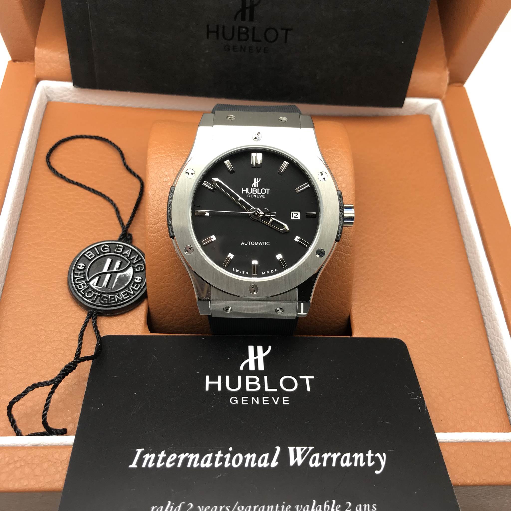 นาฬิกา Hublot ฺBig Bang Chronograph งาน Mirror Swiss Black สายซิลิโคนดำ หน้าดำ