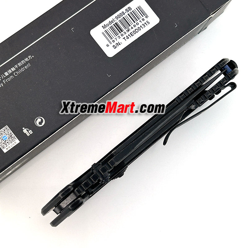 มีดพับ SANRENMU 9008-SB SRM 9008 สีดำ Backwash (ล็อตใหม่หมุดสีฟ้า) สแตนเลสแข็งพิเศษ 12C27 จุดหมุนระบบตลับลูกปืน (Ball Bearing) เปิด-ปิดลื่นมาก