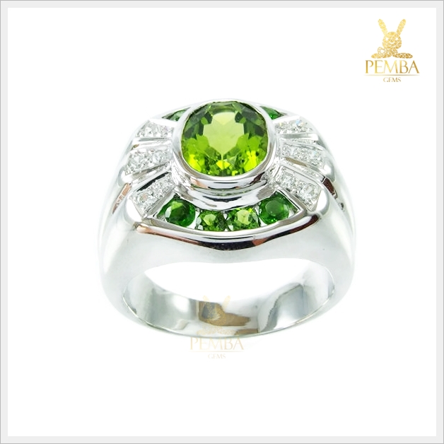 แหวนเพริดอตแท้ สีเขียวสดสวยใส เงินแท้ ชุบทองคำขาว แหวนพลอย