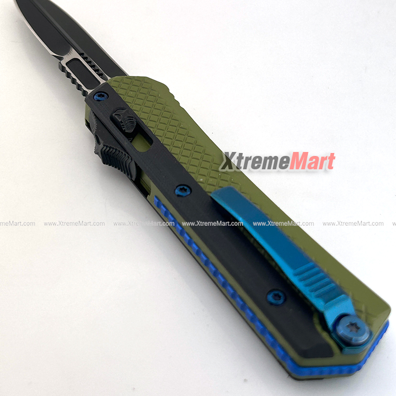 มีดสปริงขนาดใหญ่ Microtech (ด้ามอลูมินั่ม 2-Tone) 2คมเรียบ ใบดำ ด้ามเขียว คลิปสีน้ำเงิน Combat Troodon Automatic Knife