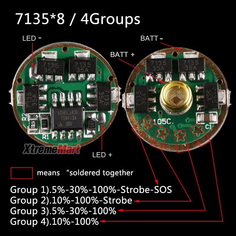 วงจร AMC7135*8 2800mAh 5-Mode 4Groups Flashlight circuit board Anti-reverse For Cree XM-L, XM-L2, XP-L
