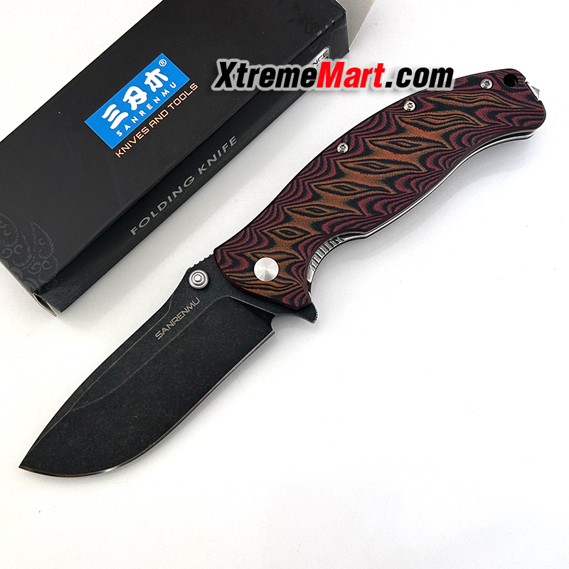 มีดพับ SANRENMU 1005 SRM-1005-GX ใบมีดสแตนเลส 9cr14mov ด้ามG10 ใบสีดำด้ามน้ำตาล จุดหมุนระบบตลับลูกปืน(Ball Bearing) เปิด-ปิด ลื่นมาก