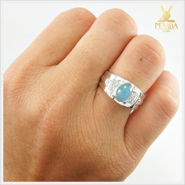 แหวนโอปอลแท้ เงินแท้925 ชุบทองคำขาว เหลือบสีฟ้า แหวนพลอยแท้