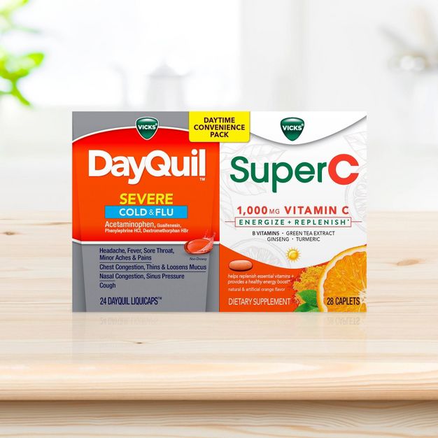 วิตามินบำรุงพร้อมยาบรรเทาอาการหวัด Vicks Super C + DayQuil SEVERE Cold & Flu Convenience Pack (52-Count)