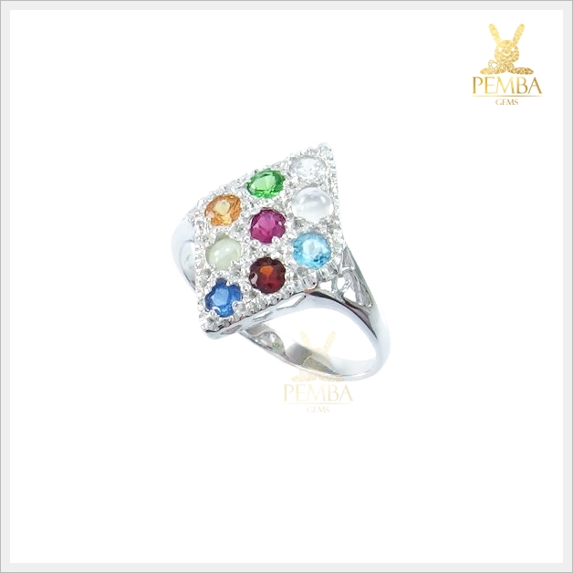 แหวนนพเก้าแท้ ตามตำรา เงินแท้925 ชุบทองคำขาว