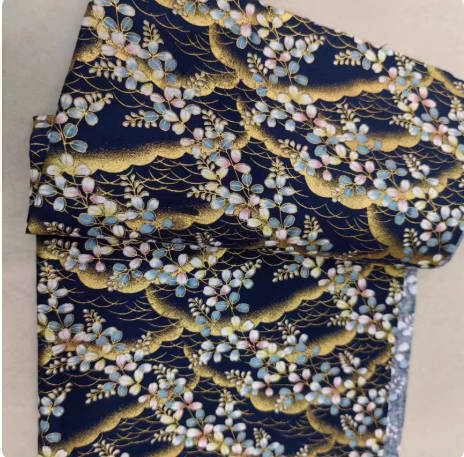 ผ้าสไตล์ญี่ปุ่น ผ้าคอตตอนพิมพ์ลายร้อน ลายนกฟลามิงโก้ ลายคลื่นทะเลใส ลายนกกระเรียน ผ้าลายดอกซากุระ SKU-03521 สีภาพ เมตร