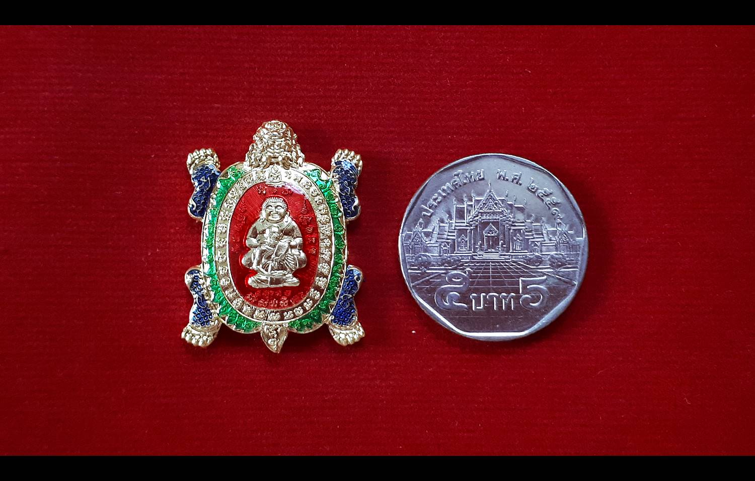 เหรียญหลวงปู่หลิว วัดไร่แตงทอง พระสังกัจจายน์ พิมพ์เต่ามังกร จ.นครปฐม เนื้อกระไหล่ทองลงยาแดง ปี2562