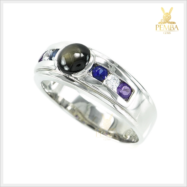 แหวน BlackStar Sapphire เงินแท้925 ชุบทองคำขาว งดงามสะดุดตา