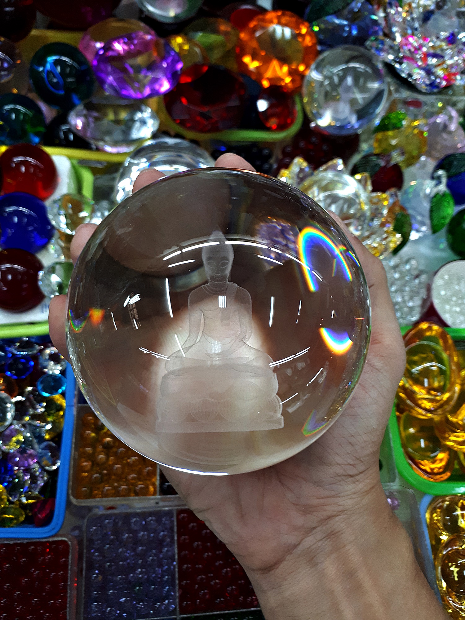 ลูกแก้ว ลาย พระพุทธรูป 3มิติ ขนาด 10ซม (4นิ้ว) 15ซม (6นิ้ว) และ 20ซม (8นิ้ว) 2 นิ้ว ครึ่ง (6 เซนติเมตร ซม. cm Centimeter) พร้อมฐานตั้งรองไม้ หมุนรอบด้านได้