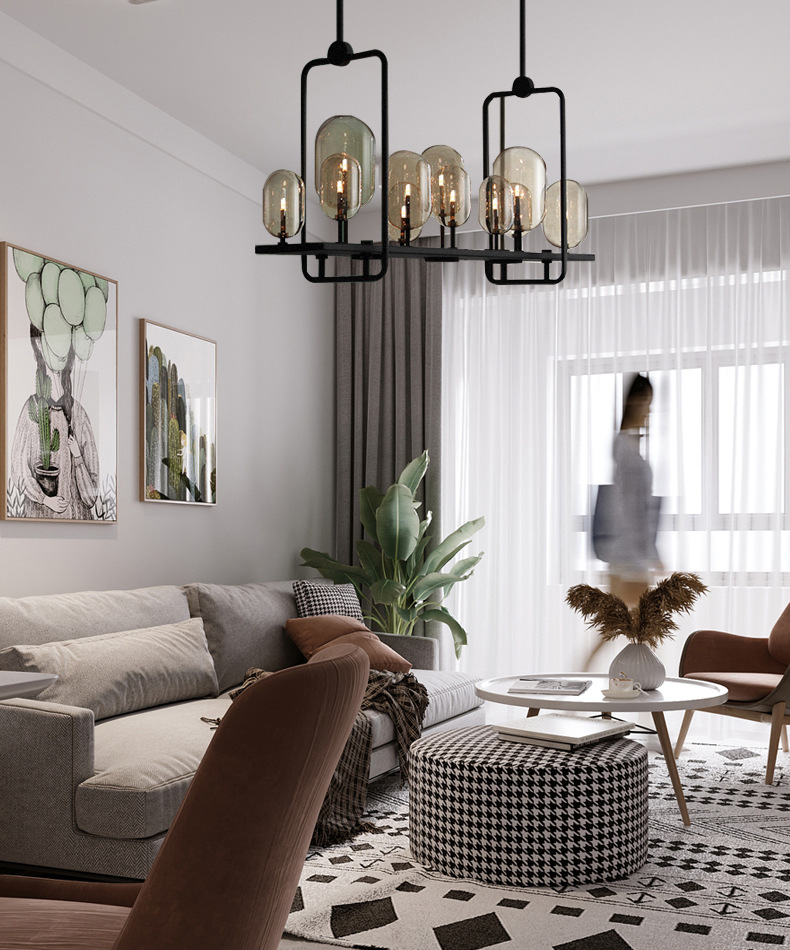 โคมไฟแชนเดอเรีย โครงเหล็กยาวสีดำ โป๊ะแก้ว Bubble สไตล์ Europe Modern [XS1101-1]
