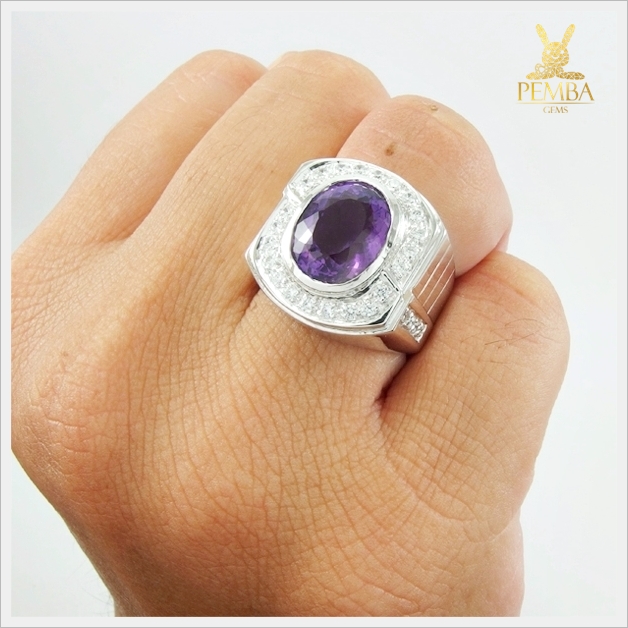 แหวนอเมทิสต์ ล้อมเพชรCZ เงินแท้925 ชุบทองคำขาว แหวนพลอยแท้