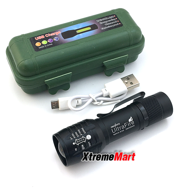 ไฟฉายซูม Ultrafire รุ่น 535 38000W พร้อมโคมไฟ COB ด้านข้าง + คลิปเหน็บ แสงขาว 3 โหมด พร้อมสายชาร์จ USB ชาร์จได้ในตัว