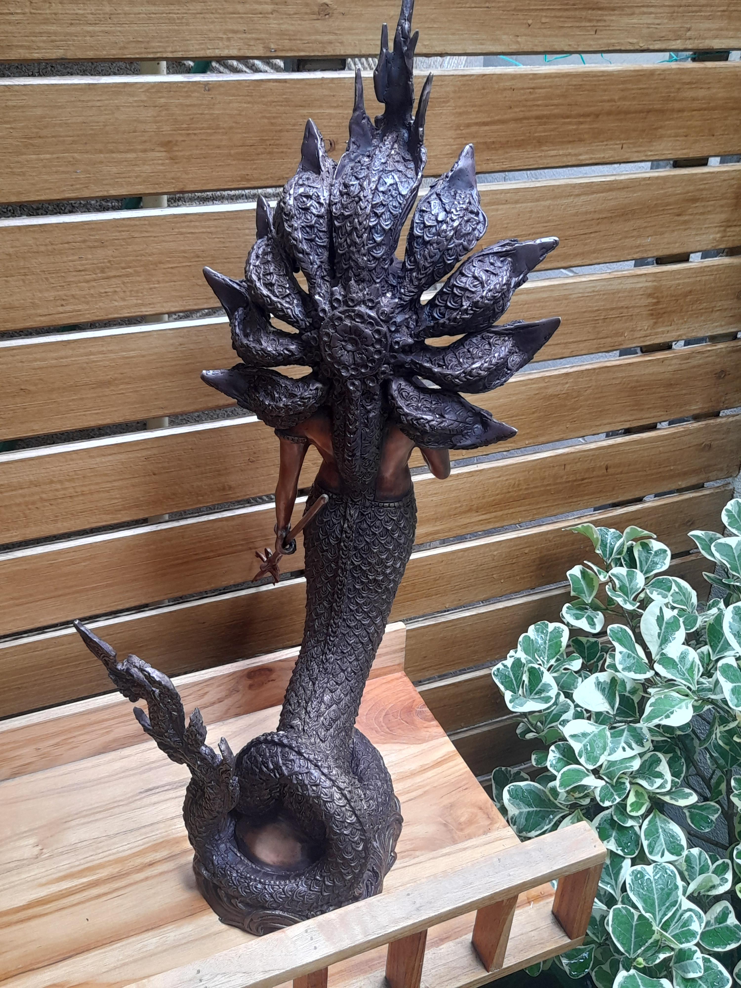 รูปหล่อ พญานาคราช ปาง ประทานพร มนุษย์ ครึ่งพญานาค นาคปรก 9หัว เศียร เนื้อทองเหลือง สีสัมฤทธิ์ (สูง22นิ้ว) (งานพรีออเดอร์สั่งทำ 2เดือน)