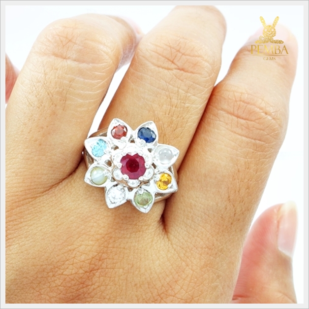 แหวนนพเก้า ตามตำราโบราณ เงินแท้925 ชุบทองคำขาว แหวนพลอยแท้