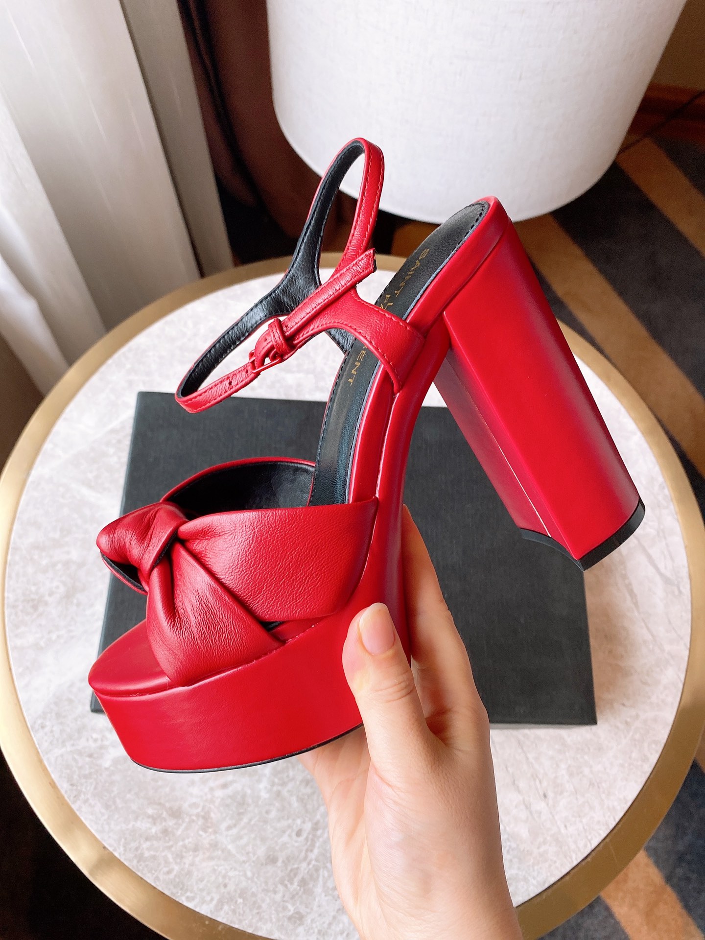 รองเท้าส้นสูง YS ผูกโบว์ หนัง import อิตาลี สูง 12.5 cm ด้านหน้า 4 cm size 35-41