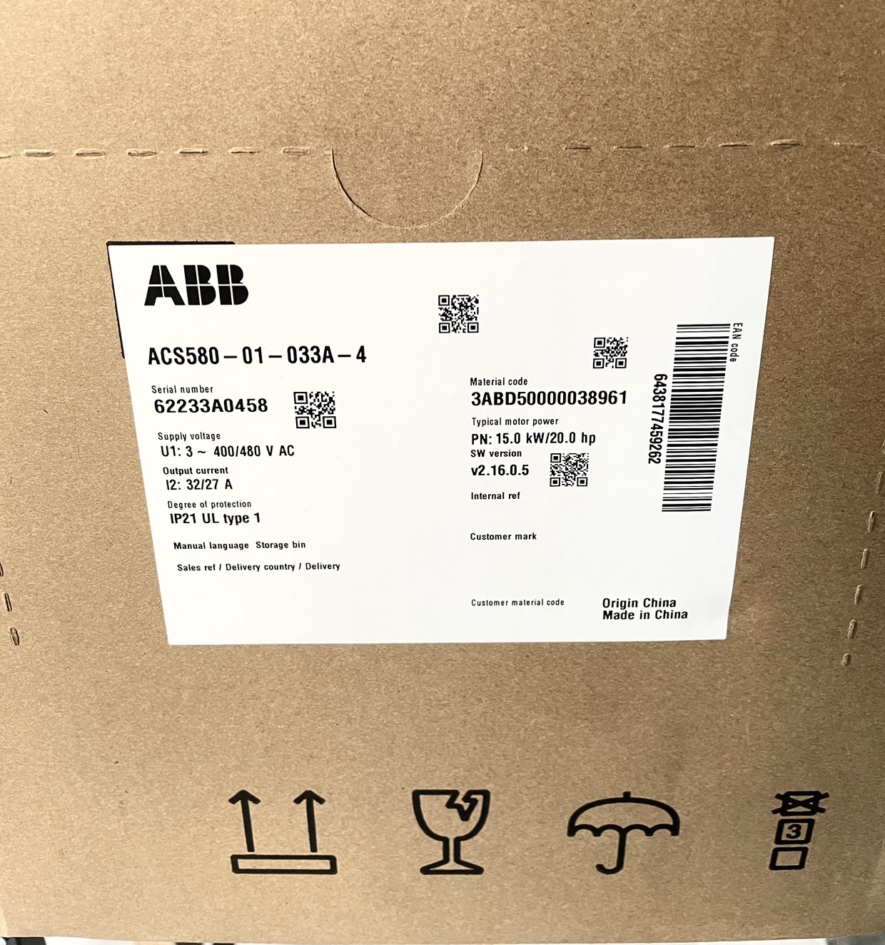 ABB INVERTER ACS580 MODEL:ACS580-01-033A-4+J400 (20hp 15 kw) Input 3-Phase 380V Output 3-Phase 380V