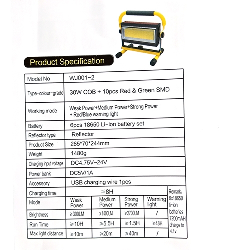 ไฟฉายสปอร์ตไลท์ 30W COB LED Floodlight Outdoor 2700 LM รุ่น WJ001-2 โคมและแกนหมุนได้ พร้อม Power Bank ในตัว