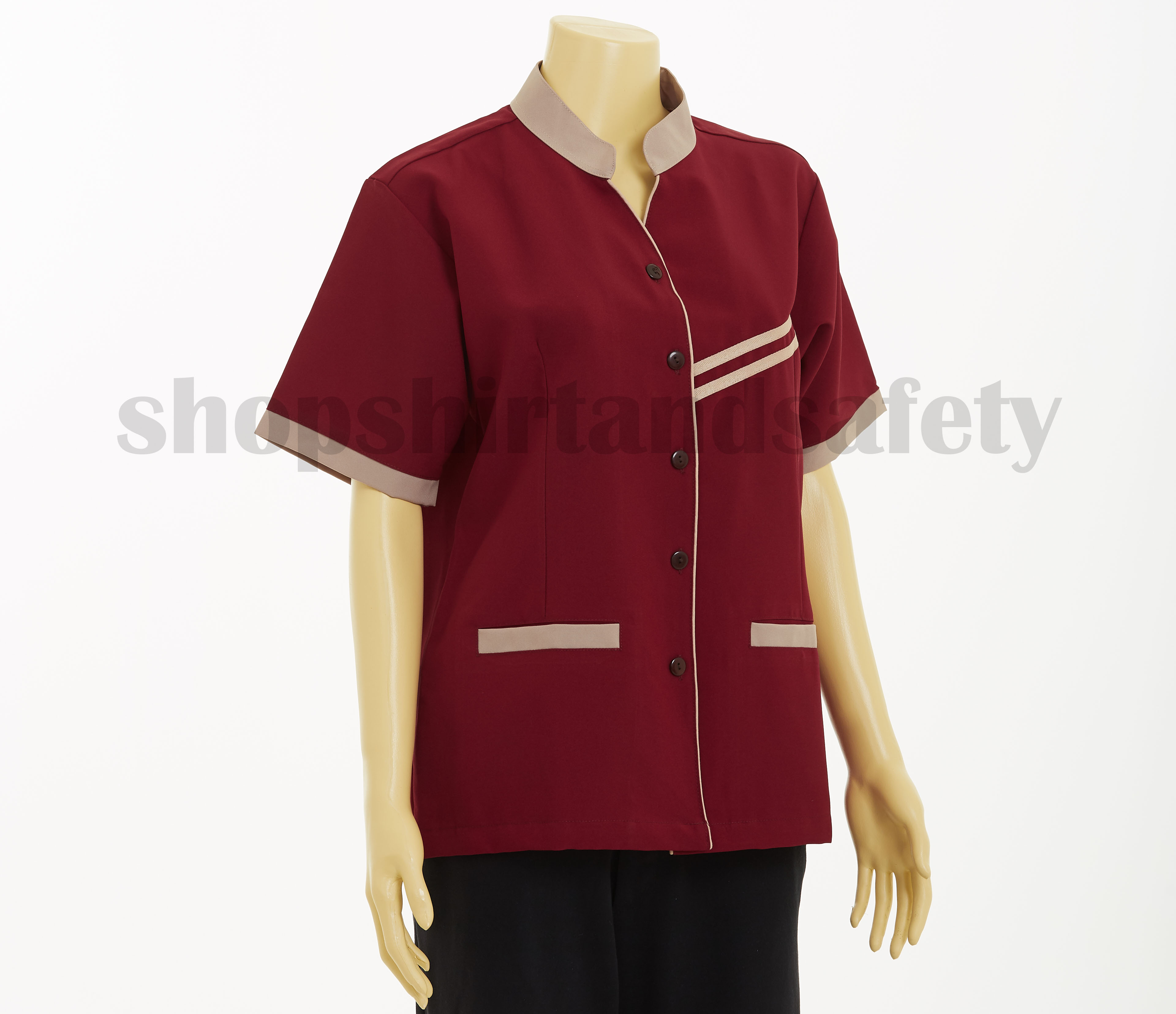 เสื้อแม่บ้านแขนสั้นคอจีนแบบเลือดหมูปกน้ำตาลอ่อน