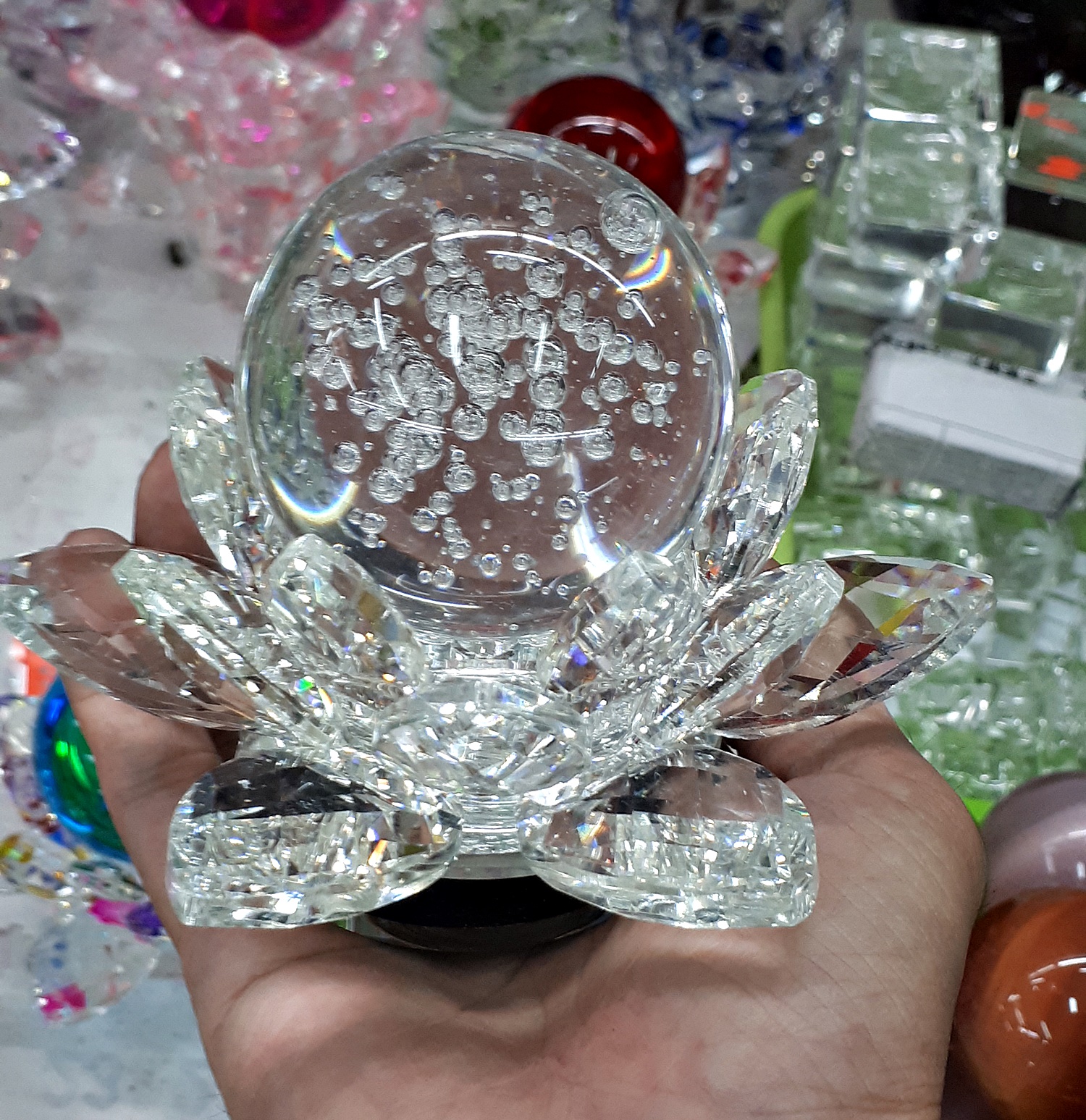 ฐานวางลูกแล้ว ขาตั้งที่วางลูกแก้ว ฐานคริสตัลกลีบดอกบัว2ชั้น คละสีต่างๆ หลากสี หลายขนาด (ขายปลีก ขายส่ง)