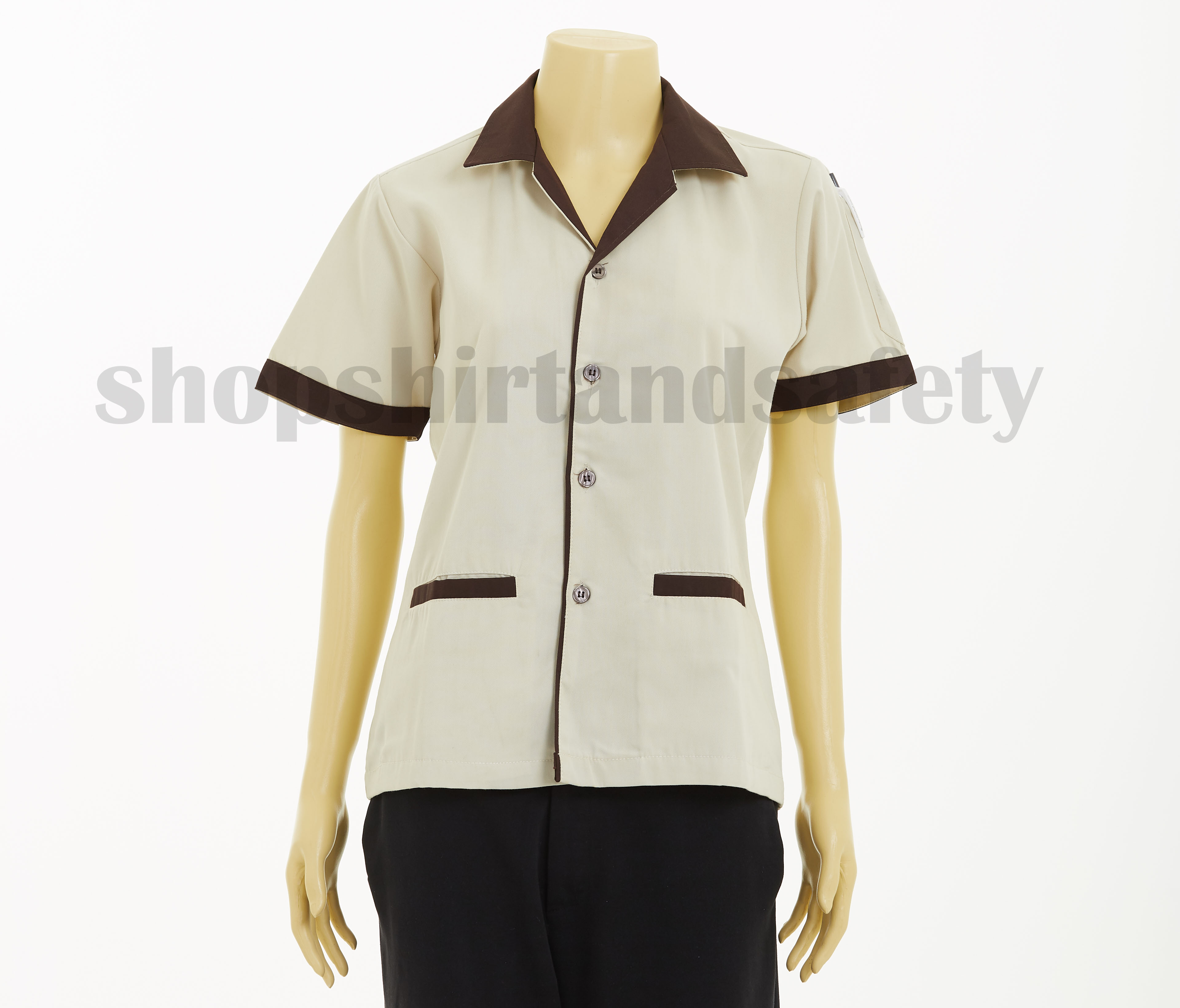 เสื้อแม่บ้านแขนสั้นคอฮาวายแบบสีครีมปกน้ำตาล