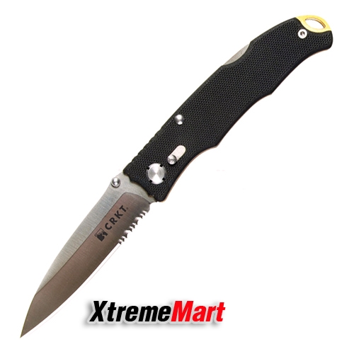 มีดพับ CRKT 7266 Lake Bandera Serrated 8Cr14MoV Stainless Steel Blade G-10 Handle Black, Large, ComboEdge, L.B.S.