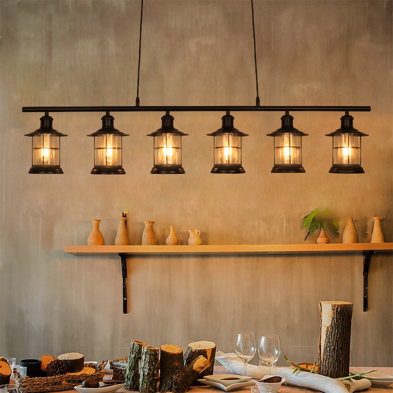 โคมไฟแขวนเพดานสไตล์ Retro industrial แบบคานยาว สีดำ โป๊ะโคมทรงกรงเหล็กแก้วแบบมีปีก [ML-04-D]