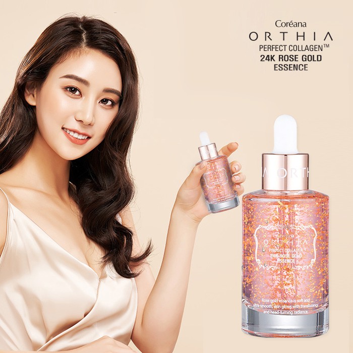 Coreana Orthia Perfect Collagen 24K Rose Gold Essence 50mL เซรั่มทองคำ 24K เอสเซ้นที่รวมคุณค่าจากส่วนผสมธรรมชาติหลักๆคือดอกกุหลาบและทองคำ24K เน้นบำรุงผิวแบบล้ำลึกและกักเก็บความชุ่มชื้นเติมคอลลาเจนให้ผิวนุ่มยืดหยุ่นชะลอและลดเลือนริ้วรอยเหมาะมากสำหรับผิวขาด