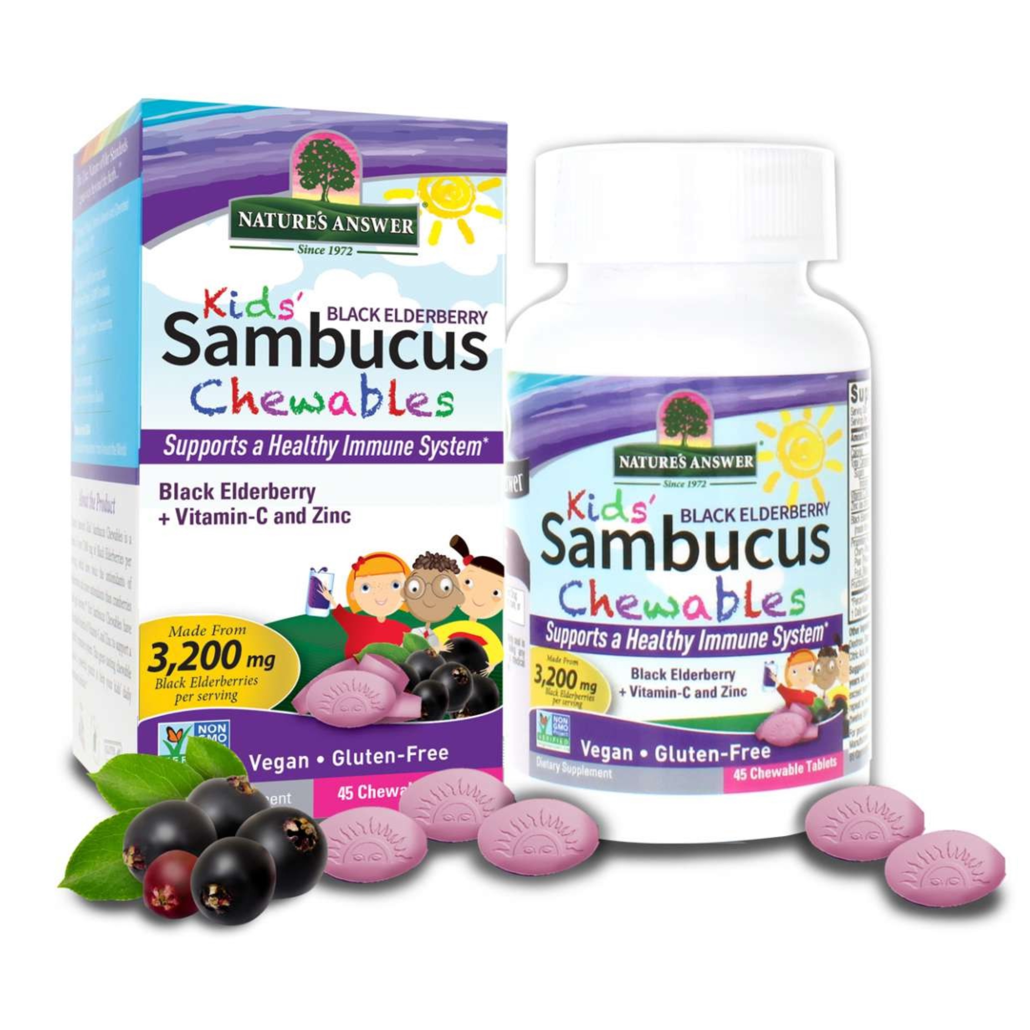วิตามินเสริมภูมิคุ้มกันสำหรับเด็กแบบเม็ดเคี้ยว Nature's Answer Kids' Sambucus Black Elderberry Chewables with Vitamin C & Zinc