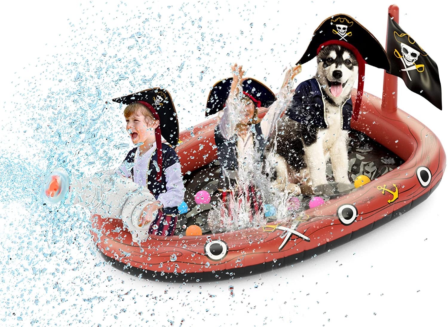 สระน้ำเป่าลมพร้อมสปริงเกอร์ Jasonwell Pirate Ship Inflatable Kiddie Pool with Sprinkler