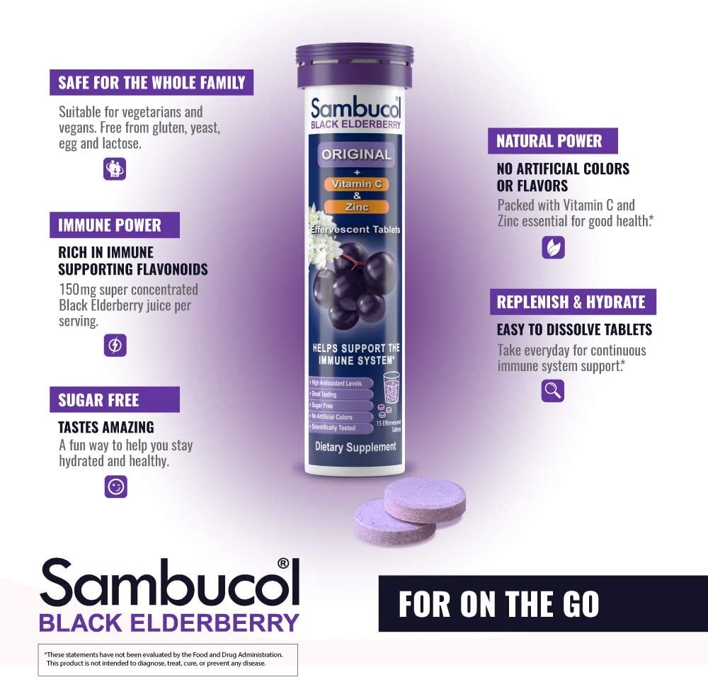 วิตามินเสริมภูมิคุ้มกันชนิดเม็ดละลายน้ำ Sambucol Black Elderberry Effervescent Tablets + Vitamin C & Zinc