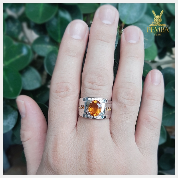 แหวนซิทรินแท้ เงินแท้925 ชุบทองคำขาว โดดเด่นเต็มๆ นิ้ว