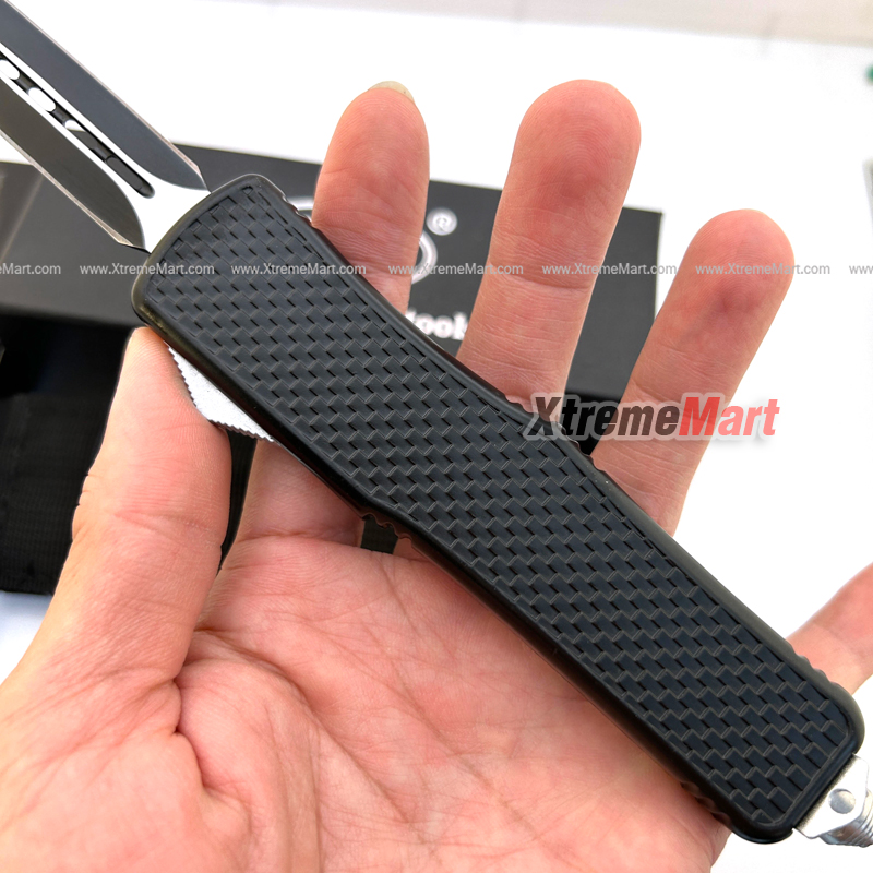 มีดสปริงตรงขนาดใหญ่ Microtech คม 2 ด้าน ด้ามลายตาราง Combat Troodon 00556 D/E Automatic Knife Camping Tool (Dual Front)