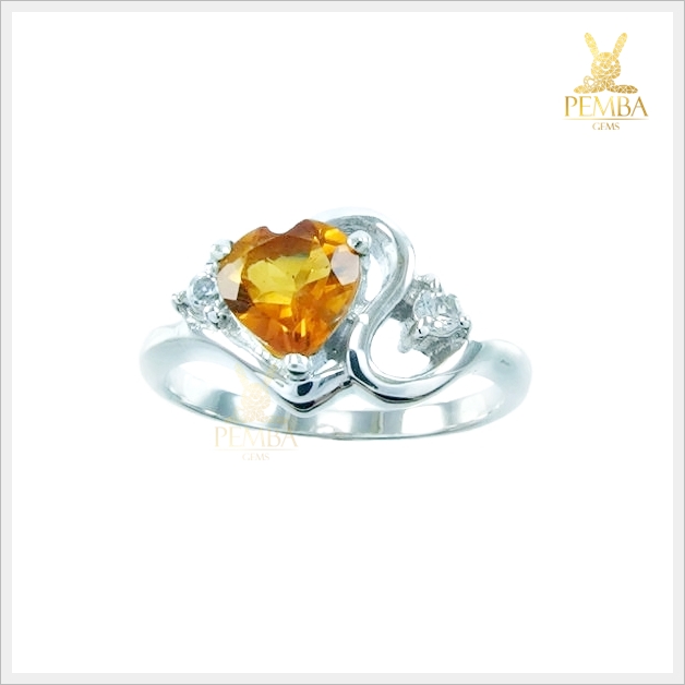 แหวนซิทรินแท้ ทรงหัวใจ เงินแท้925 ชุบทองคำขาว แหวนพลอยแท้