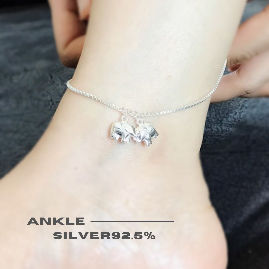 สร้อยข้อเท้าเงินแท้ 92.5% ลายกล่อง box ร้อยตุ้งติ้งช้างน้อย น่ารักๆ พร้อมกระดิ่ง 1 ลูก (เรือนเงินแท้)