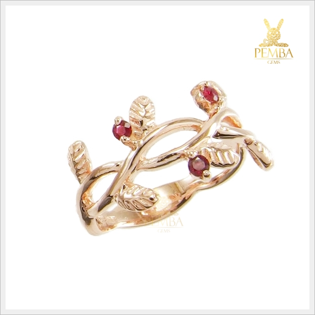 แหวนทับทิมแท้ เงินแท้ ชุบพิงค์โกลด์ ดีไซน์รูปใบมะกอกสวยเก๋ แหวนพลอยแท้