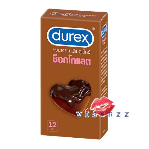 Exp.10/25 (12 ชิ้น / กล่อง) Durex Chocolate 53 mm ดูเร็กซ์ ถุงยางกลิ่นช็อกโกแลต 53 มม ถุงยางอนามัยผิวสัมผัส ผิวไม่เรียบ มีสารหล่อลื่นในตัว ผนังขนาน ปลายมีกระเปาะ แต่งกลิ่นช็อกโกแลต