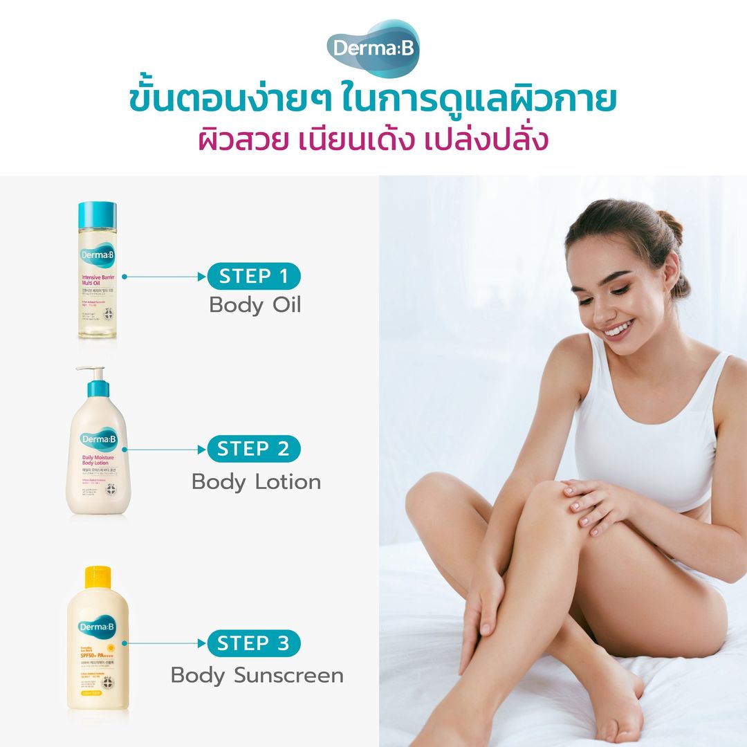 Derma B Daily Moisture Body Lotion 400mL เดอมาบี โลชั่นทาผิวกาย ชุ่มชื้น 100 ชั่วโมง ซึมไว ใช้ได้ทุกวัน ช่วยปลอบประโลมผิวที่ระคายเคืองง่าย ด้วย MLE Moisturizing Science Formula เทคโนโลยีที่ช่วยเสริมชั้นผิว
