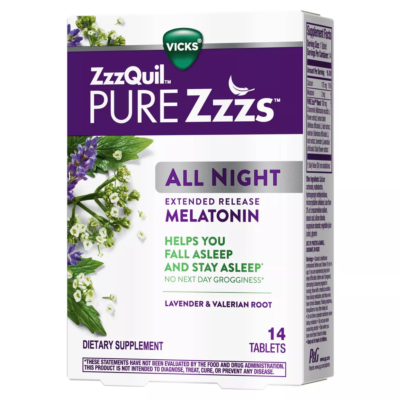 วิตามินเสริมการนอนหลับสำหรับผู้ใหญ่ Vicks ZzzQuil PURE Zzzs ALL NIGHT Extended Release Melatonin (14 Tablets)
