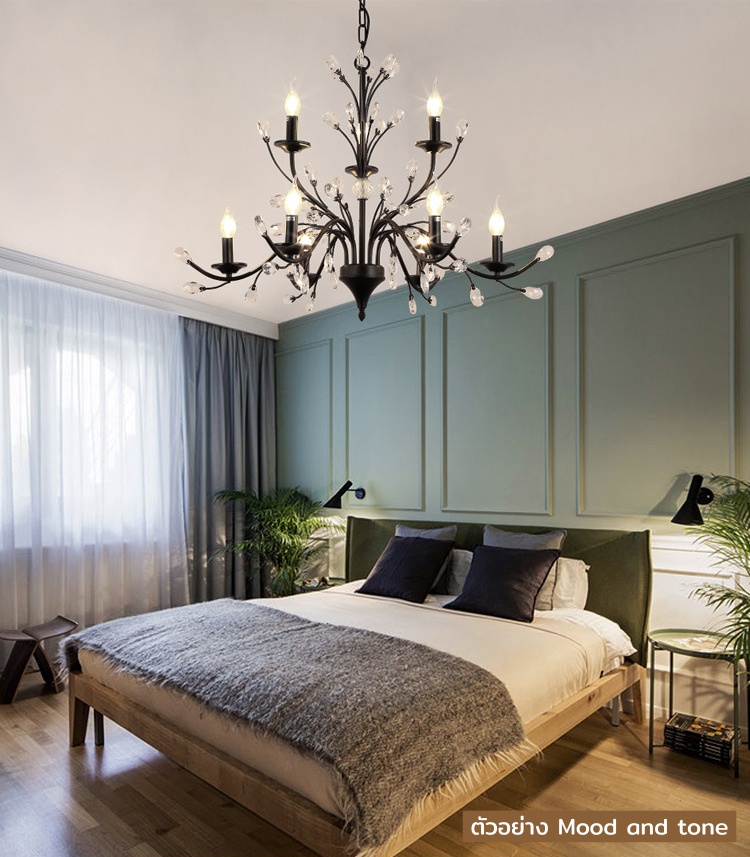 โคมไฟระย้าคลิสตัลเหล็กดัดสีดำลายกิ่งไม้ดวงไฟทรงแท่งเทียน [BD-D6632]