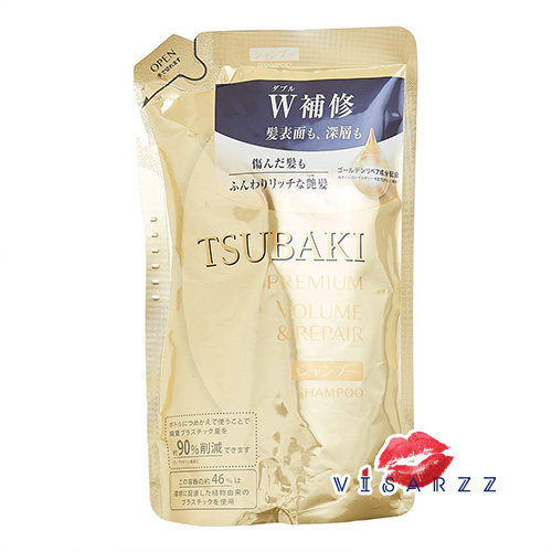 (ถุงทอง Refill Shampoo 300mL) Shiseido Tsubaki Premium Volume & Repair Shampoo Refill 300mL สูตรช่วยบำรุงผมเสีย ผมลีบแบน ให้ดูเงางาม มีวอลลุ่มเพิ่มขึ้น แชมพูเนื้อเจล ไม่มีส่วนผสมของซิลิโคน