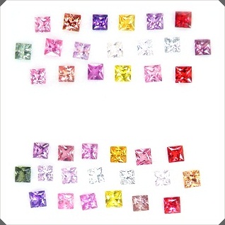 สี่เหลี่ยมก้นเพชร Princess Cut 2.8-2.9m จัดเซ็ทต่างหู จำนวน 38 เม็ด หนัก 6.04 กะรัต สีแฟนซี Multi Colour รูปร่างสวย เจียระไนสวย ไฟดี