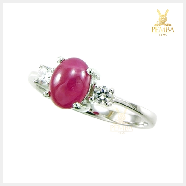 แหวนทับทิมแท้ ทรงหลังเบี้ย เงินแท้925 ชุบทองคำขาว แหวนพลอยแท้