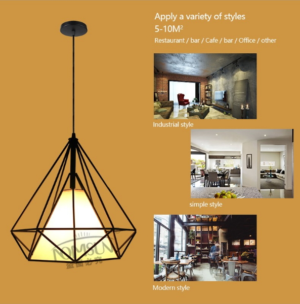 โคมไฟห้อยเพดานเหล็กดัด อเมริกัน โมเดิร์น ทรงเพชร สีดำ