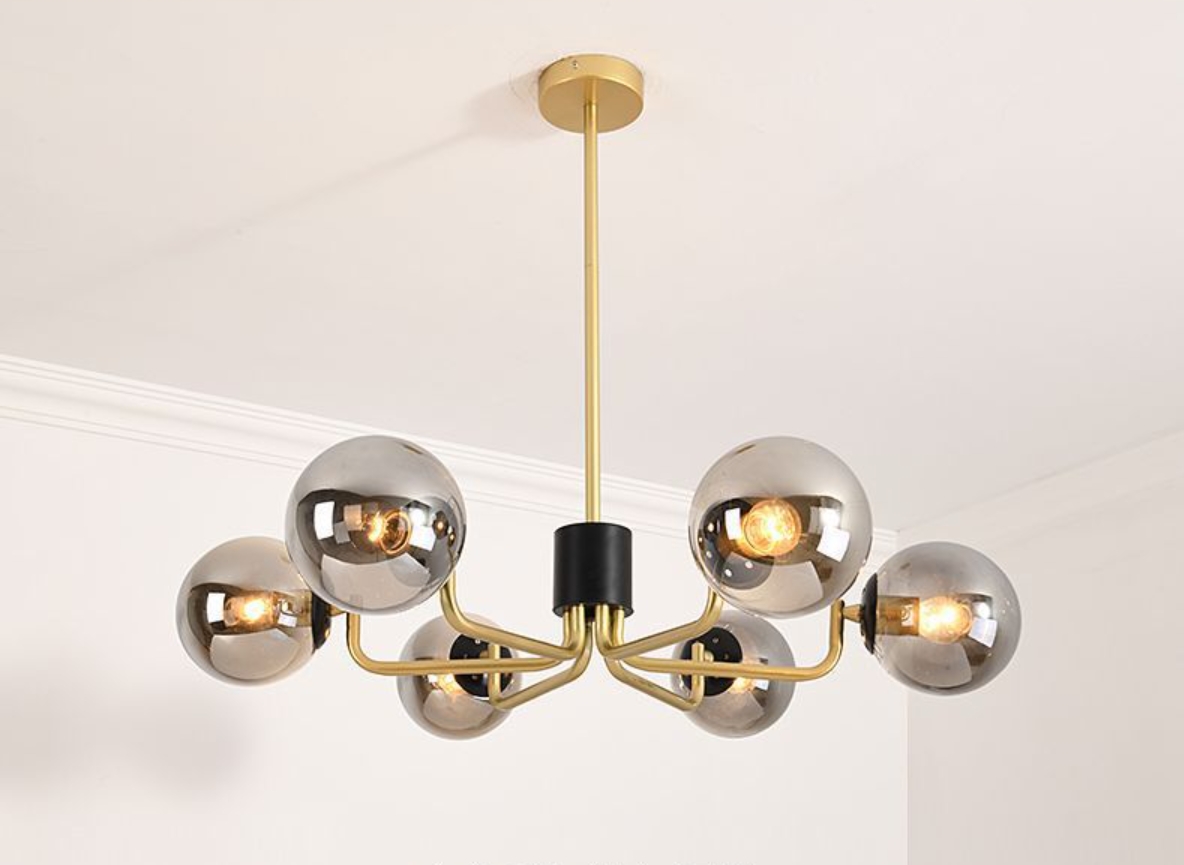 โคมไฟระย้าเหล็กโป๊ะโคมแก้วทรงกลมสีชาสไตล์โมเดิร์น [QDH-9121]